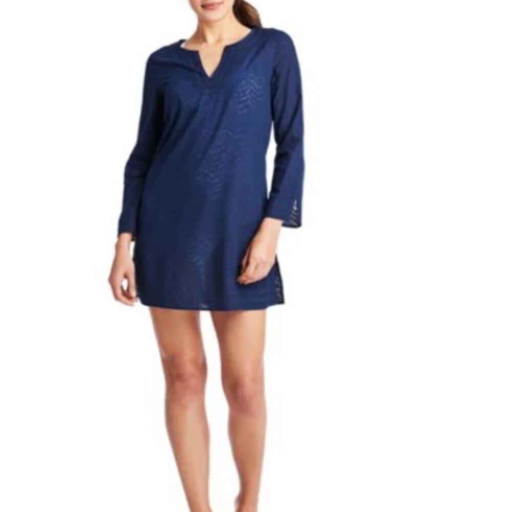 Vineyard Vines Tunic Cover Up Womens Navy Blue Linear Whale Tail Burnout Medium
